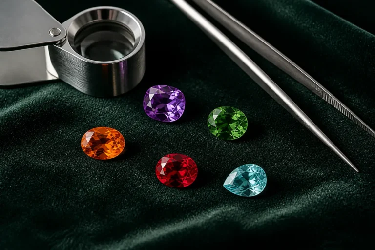 Loose coloured gemstones with a gemmologist loupe