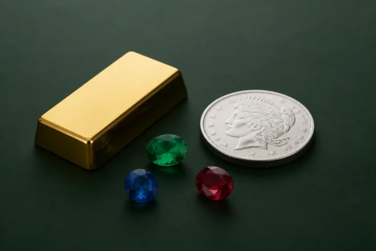 Gold bar, silver coin and gemstones